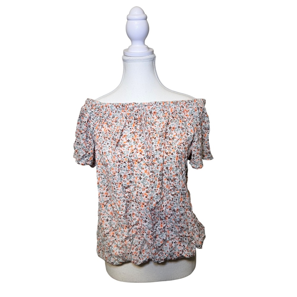Floral Off Shoulder Top Bubble Hem Rayon Summer Boho L
